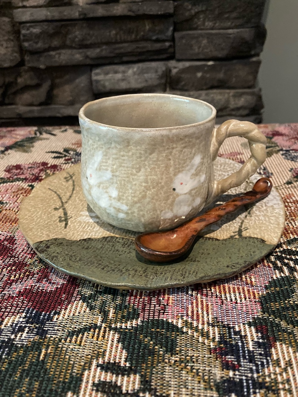 Handmade Ceramic Bunny Mug with Saucer and Spoon